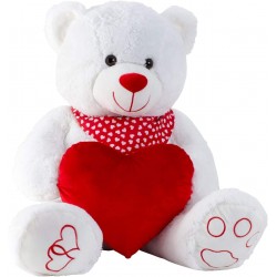 Peluche géante ours blanc avec bandana et cœur rouge 100 cm 